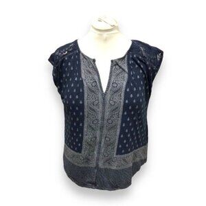 Lucky Brand Women’s Blouse Short Sleeve Split Neck Boho Lightweight Gypsy Navy M